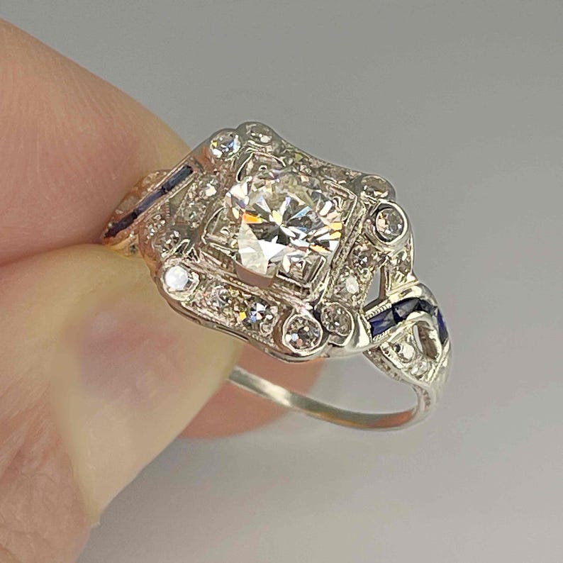 OOAK Art Deco-period 1920-tals diamant-safir-platinaring Unik antik diamantring med övergångsslipning Unik jubileumsring bild 4