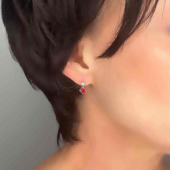 Unheated Ruby Diamond Drop Earrings Platinum Prin… - image 1