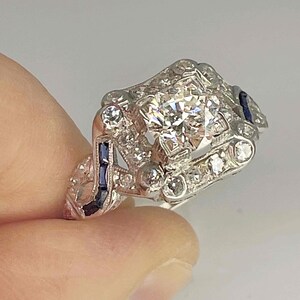 OOAK Art Deco-period 1920-tals diamant-safir-platinaring Unik antik diamantring med övergångsslipning Unik jubileumsring bild 5