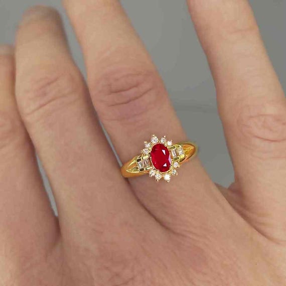 Unheated Dark Red Ruby Ring 18K Ruby Gold Diamond… - image 4