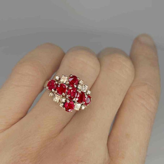 Unheated Ruby Diamond Ring Geometric Cluster Enga… - image 2
