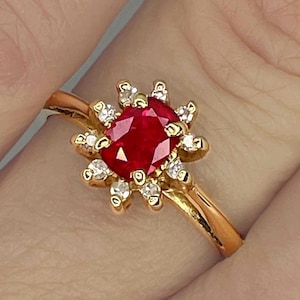 Dainty Unheated Ruby Ring 14K 585 Ruby Diamond Halo Ring Dainty Ruby Engagement Anniversary Ring