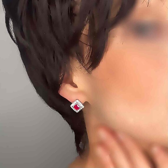 Ruby Earrings 18K Gold Square Cut Ruby Stud Earri… - image 1