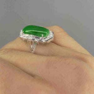 Untreated Jade Engagement 18K Gold Ring Emerald Green Jadeite Jade Diamond Halo Ring Large Jade Statement Ring Unique Jade Diamond Ring image 8