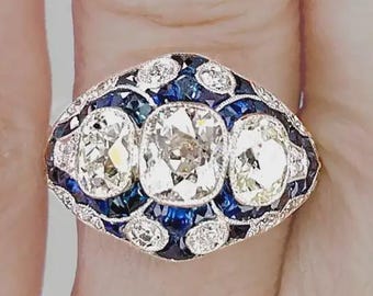 OOAK Art Deco Period Old Cushion Cut Diamond Sapphire Ring Unique Diamond Platinum Three Stone Engagement Ring 1920s Antique Diamond Ring