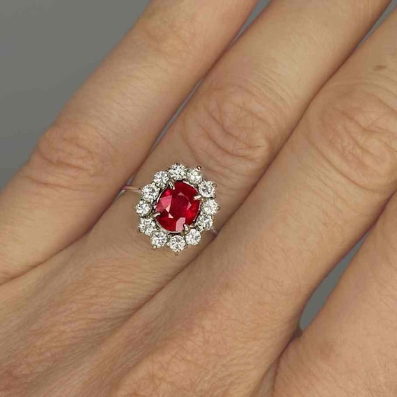 Vintage Ruby Engagement Ring Ruby Diamond Halo En… - image 3
