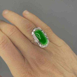 Untreated Jade Engagement 18K Gold Ring Emerald Green Jadeite Jade Diamond Halo Ring Large Jade Statement Ring Unique Jade Diamond Ring image 5