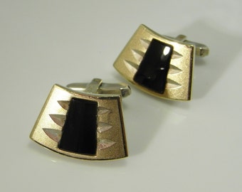 Vermeil Gold Plated Silver Onyx Arc Abstract Cufflinks Modernist Mid Century 1970s Cuff Links Mens Jewelry Unique Vintage Accessories Gifts