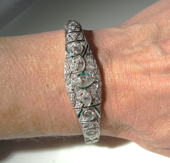 Art Deco Platinum Emerald Diamond Bracelet Art Deco Antique
