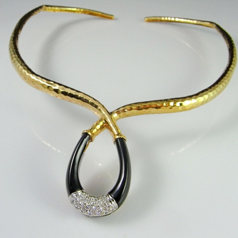Collar de oro grande Collar de diamantes de ónix Collar de diamantes Gargantilla de diamantes Collar de bodas Collar nupcial Collar modernista Joyería de oro modernista de 14K imagen 1