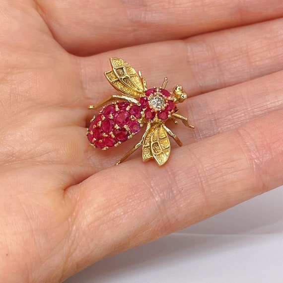 Ruby Bee Brooch Pendant 14K Gold Ruby Diamond Bee… - image 2