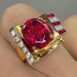 Art Deco Gold Ruby Diamond Rubellite Ring Antique Red Tourmaline Ring Geometric Unisex Large Gold Ruby Diamond Ring Antique Engagement Ring