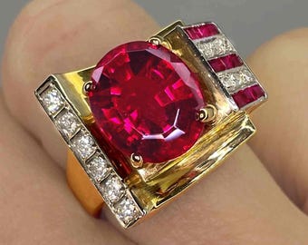 Art Deco Gold Ruby Diamond Rubellite Ring Antique Red Tourmaline Ring Geometric Unisex Large Gold Ruby Diamond Ring Antique Engagement Ring