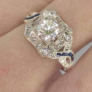 OOAK Art Deco-period 1920-tals diamant-safir-platinaring Unik antik diamantring med övergångsslipning Unik jubileumsring bild 2
