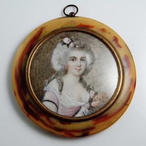 Georgian Jewelry Miniature Portrait Ormolu Pressed Horn Portrait Miniature Marie Antoinette Antique Portrait Painting 18th Century Wig Gilt