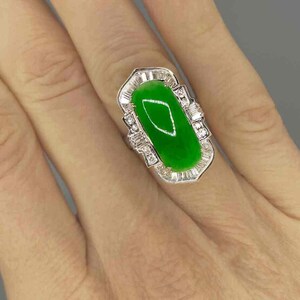 Untreated Jade Engagement 18K Gold Ring Emerald Green Jadeite Jade Diamond Halo Ring Large Jade Statement Ring Unique Jade Diamond Ring image 7