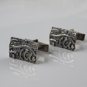 Vintage Silver Cufflinks Geometric Cuff Links with Box Unisex Gifts Cufflinks 1970s Gifts Mid Century Jewelry Acccessories