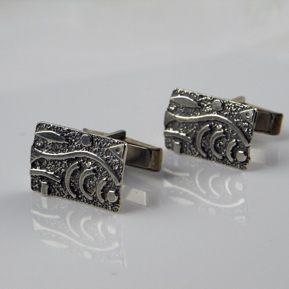 Vintage Silver Cufflinks Geometric Cuff Links wit… - image 1