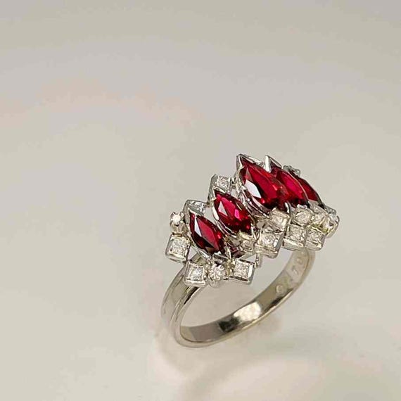 Unheated Deep Red Ruby Cluster Ring 18K White Gol… - image 8