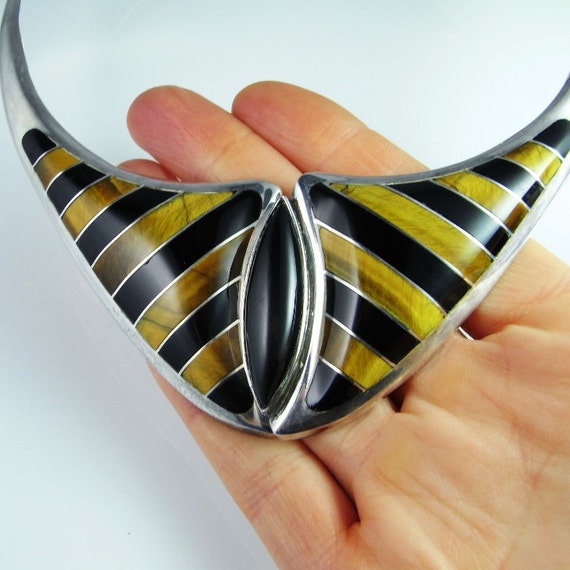 Striped Tigers Eye Onyx Necklace Collar Mexican S… - image 2