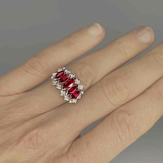Unheated Deep Red Ruby Cluster Ring 18K White Gol… - image 3