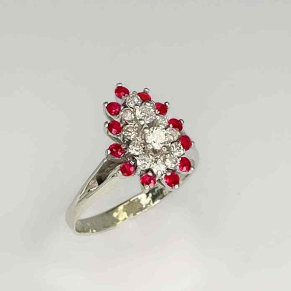 Tear Drop Ruby Diamond Cluster Ring 14K Gold 1950… - image 8