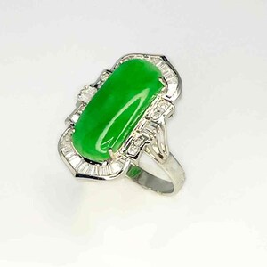 Untreated Jade Engagement 18K Gold Ring Emerald Green Jadeite Jade Diamond Halo Ring Large Jade Statement Ring Unique Jade Diamond Ring image 9