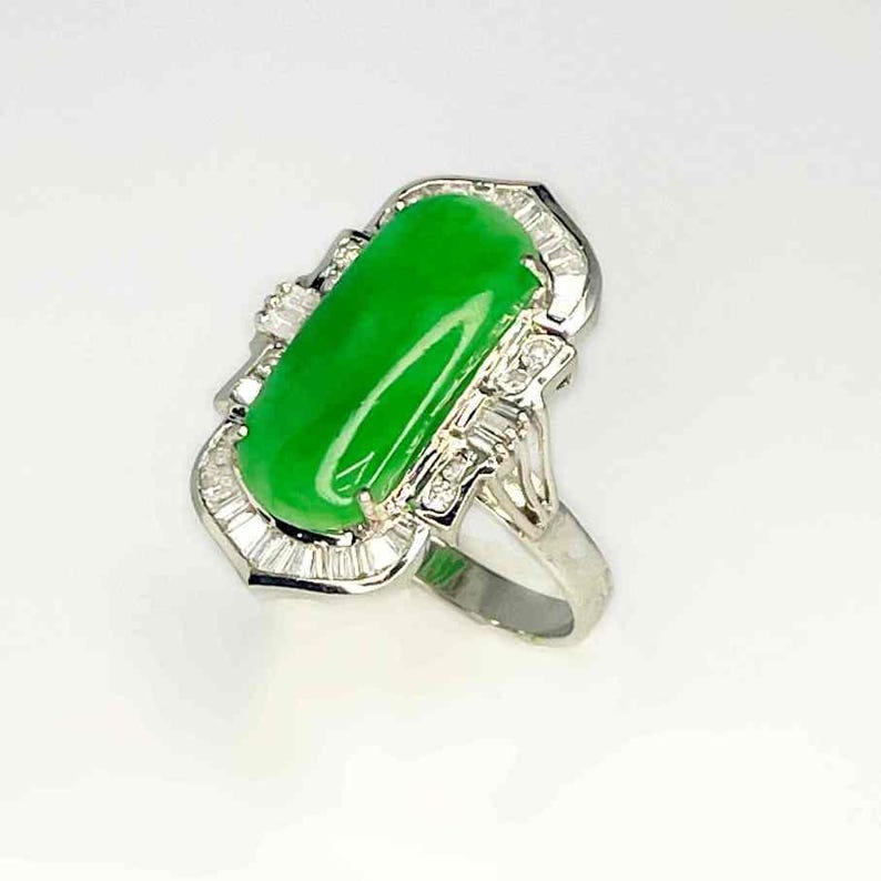 Untreated Jade Engagement 18K Gold Ring Emerald Green Jadeite Jade Diamond Halo Ring Large Jade Statement Ring Unique Jade Diamond Ring image 9
