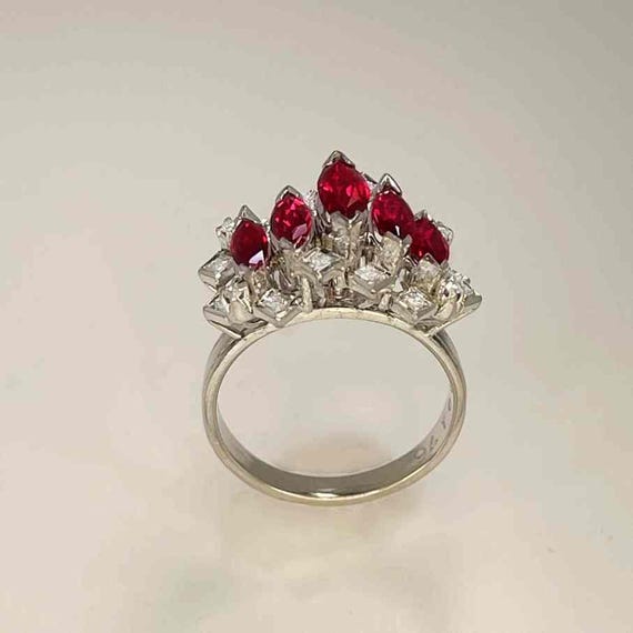 Unheated Deep Red Ruby Cluster Ring 18K White Gol… - image 9