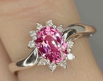 Anillo de oro de 14 quilates con zafiro Padparadscha sin calentar. Anillo de compromiso con diamantes Padparadscha. Anillo de zafiro rosa melocotón de 14 quilates sin calentar. Anillo de zafiro melocotón.