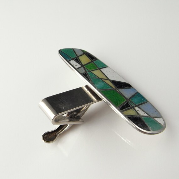 Vintage Modernist Enamel Silver Tie Cip Clasp Bar… - image 3