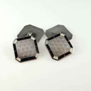 Antique Enamel Art Deco Double Sided Cuff Links Black and White Geometric Engraved Cufflinks as Gift with Box for Man Dad Brother Son Guy