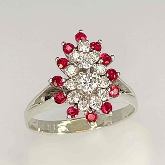 Tear Drop Ruby Diamond Cluster Ring 14K Gold 1950… - image 1