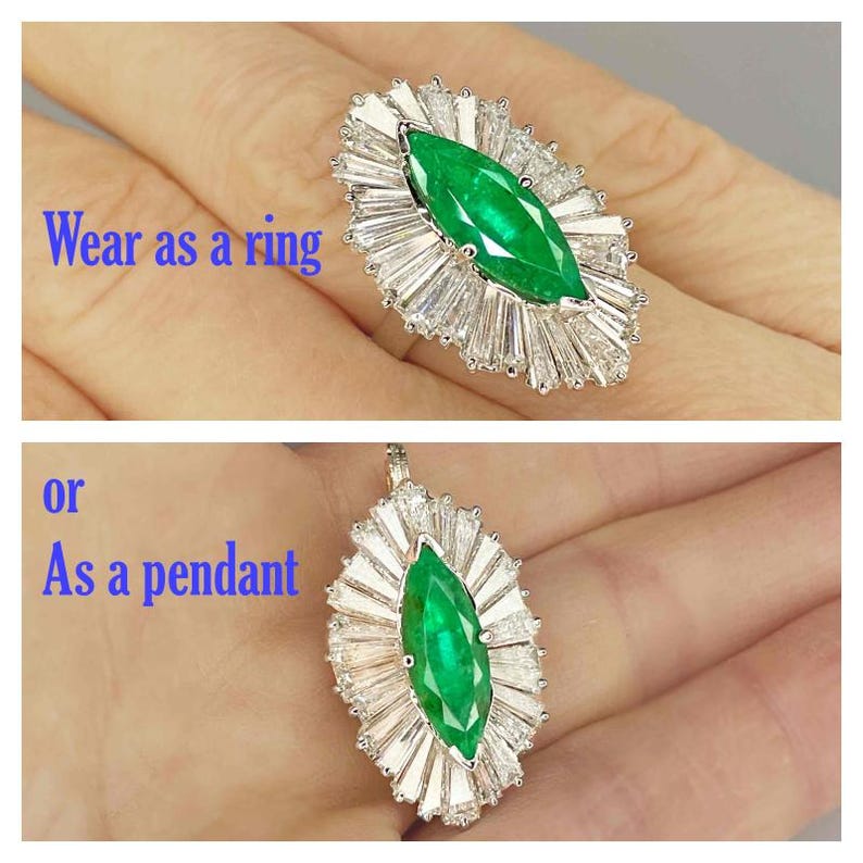OOAK Convertible Emerald Ballerina Ring Pendant in Platinum 1950s Handmade Emerald Engagement Ring Large Natural Emerald Ring image 12
