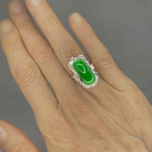 Untreated Jade Engagement 18K Gold Ring Emerald Green Jadeite Jade Diamond Halo Ring Large Jade Statement Ring Unique Jade Diamond Ring image 4