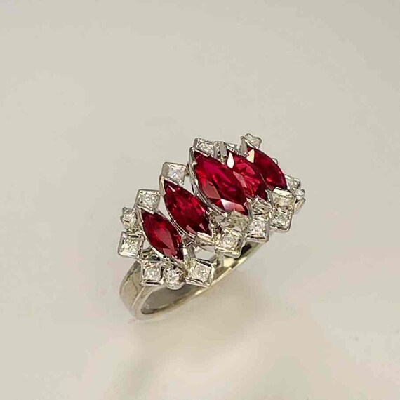 Unheated Deep Red Ruby Cluster Ring 18K White Gol… - image 7