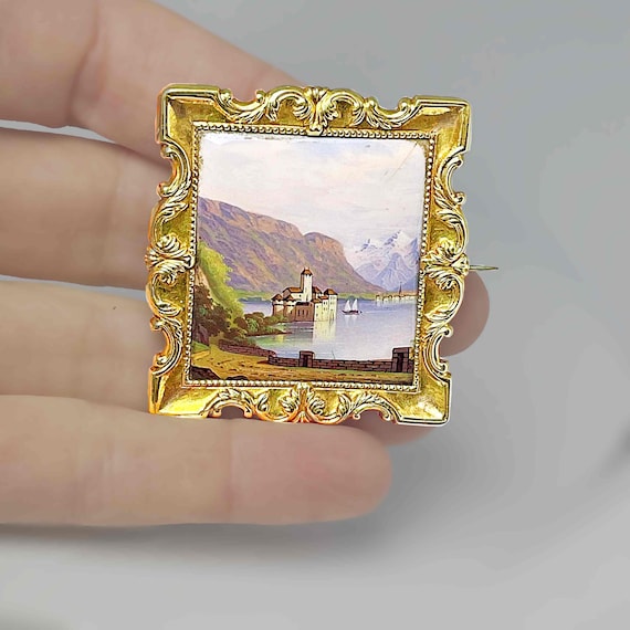 Swiss 19th Century Victorian Brooch Victorian Jewelry Antique Brooches Miniature Paintings 18K Gold Jewelry Enamel Jewelry Enamel Brooch Pin