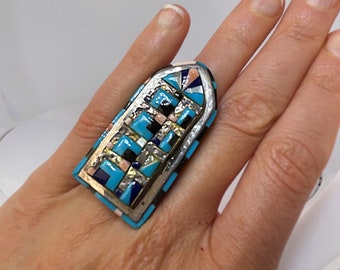 Native American Indian Ring Statement Ring Unisex Large Sterling Silver Inlay Ring Inlaid Ring Cathedral Geometric Abstract Ring Multistone