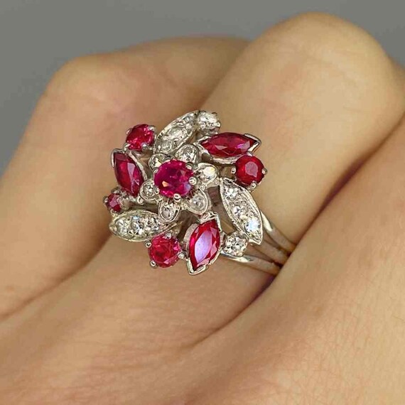 Vintage Ruby Flower Ring 18K White Gold Unheated … - image 2