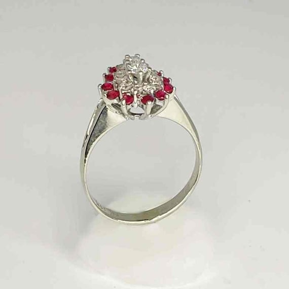 Tear Drop Ruby Diamond Cluster Ring 14K Gold 1950… - image 7
