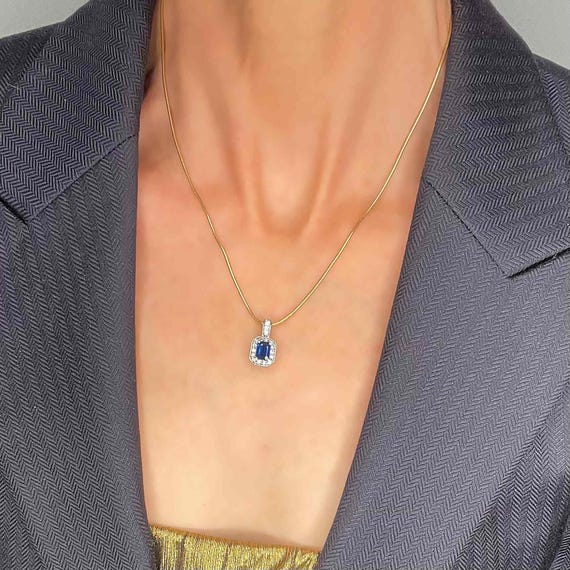 Unheated Deep Blue Sapphire Diamond 14K Pendant E… - image 1