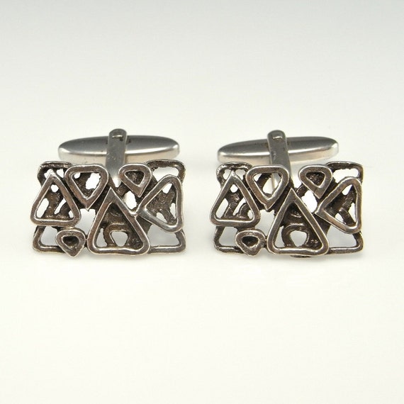 Vintage Silver Cufflinks Geometric Cuff Links wit… - image 2