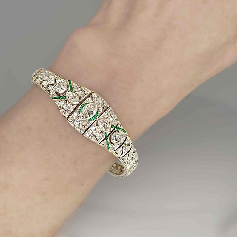 OOAK Art Deco Platinum Emerald Diamond Bracelet Art Deco Antique Diamond Bangle 1920s 1930s Jewelry for Anniversary Gift image 4
