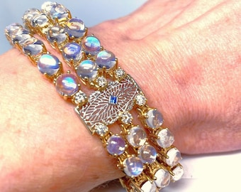 Antique Art Deco Rainbow Moonstone Bracelet Bangle Jewelry Art Deco Sapphire Diamond Tennis Bracelet OEC Diamond Ceylon Sapphire Bracelet