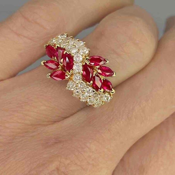 Vintage Ruby Cluster Ring 14K Gold Bright Red Rub… - image 10