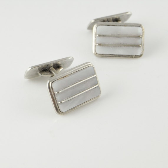 Vintage Silver Cufflinks Geometric Cuff Links wit… - image 3