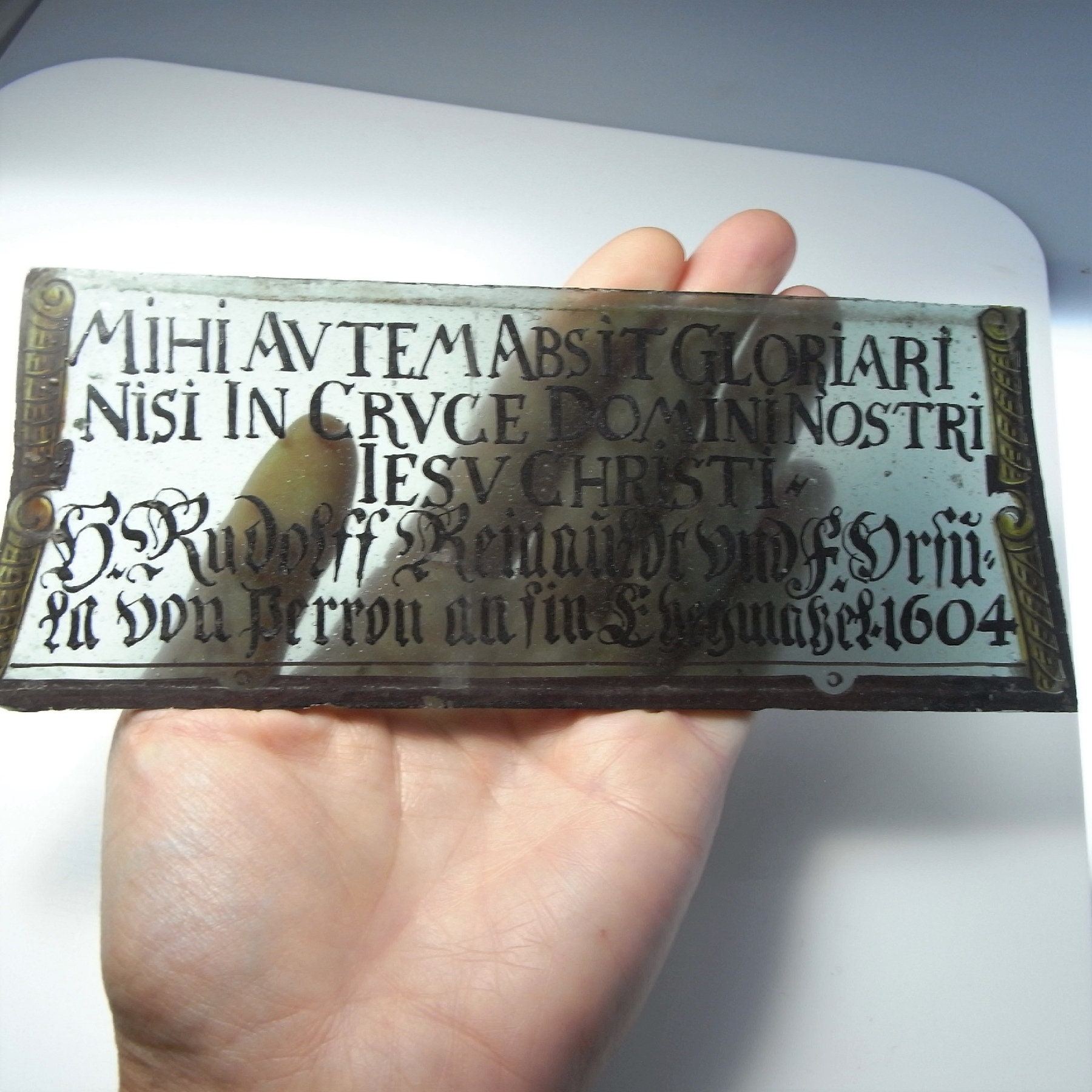Renaissance Glass Sign Stained Glass Window Pane W. Report Antique ...