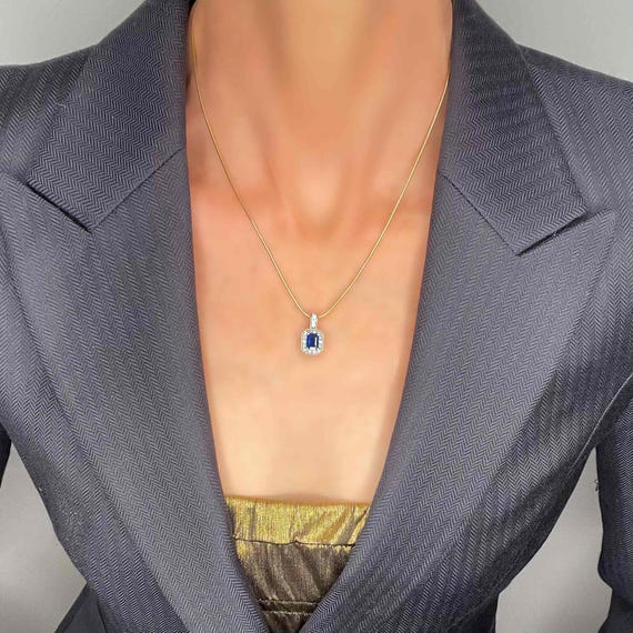 Unheated Deep Blue Sapphire Diamond 14K Pendant E… - image 3
