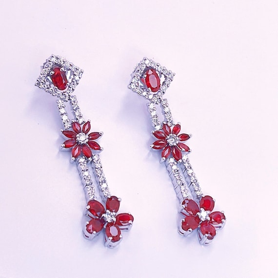 Unheated Ruby Earrings Vivid Red Ruby Diamond Dro… - image 4