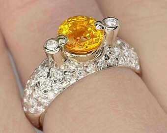 Anello con zaffiro giallo non riscaldato, anello con zaffiro giallo in oro 18 carati, anello con diamanti, anelli di fidanzamento con zaffiro solitario, anello per anniversario con zaffiro, pietra portafortuna